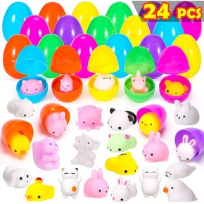 24 PCS MOCHI Squishy Toys Loving Easter Eggs ، Mini Soft Animal Squishy Leaff Toys for Easter Basket Fillers Easter Egg Hunt Supplies