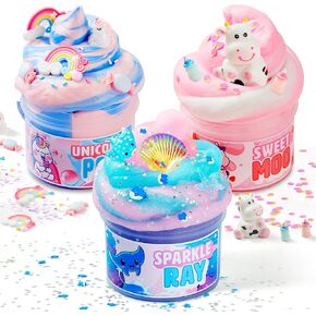 حزمة Joyin Slime 3 عبوات ، Marshmallow Manta Ray ، Bubblegum Unicorn ، بقرة حليب الفراولة ، ألعاب ناعمة ، غير مكتوبة ، خالية من الفوضى ، و Slime Bulk More