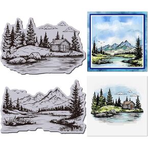 GLOBLELAND Mountains Trees Cling Rubbers Stamp Landscape EVA Cling Mount Stamps Lake Forest Scenery Rubber Stamp Set for Card Making Photo Album Decor Decoration DIY Scrapbooking