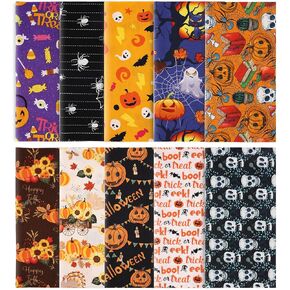 LUTER 10pcs 10x10inch Halloween Theme Fabric, Halloween Fat Quarter Pure Cotton Fabric Bundle for DIY Decorations Sewing Crafts Festival Series Supplies Patchwork