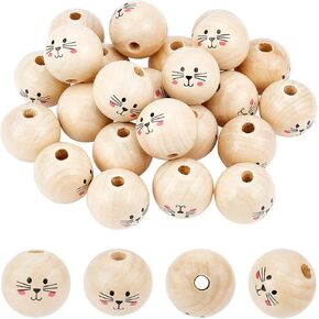 SUPERFINDINGS 30Pcs 30mm Natural Smile Face Wood Beads Cute Craft Beads Loose Spacer Wooden Beads Doll Head Spacer Beads for DIY Jewelry Craft Making Christmas Decor