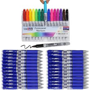 THINK2MASTER[24 Pens - Blue Ink Think2 Retractable Gel Pens & [15 Markers - 15 Colors] Think2 Bullet Tip Permanent Markers. (15 Assorted Colors). Fine Point (0.5mm) Rollerball Pens with Comfort Grip.