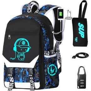 School Backpack for Boys Print Backpack Teenagers Anime Large School Bag Outdoor Reflective Daypack.Luminous Pattern Travel Laptop Backpack - With Usb Charging Port Headphone port(Blue)