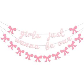 Bow Girls Just Wanna Be One Banner - Pink Bow Happy Birthdy Banner ، First Birthday Forms Supplies for Baby Girls (Girls One Pink)