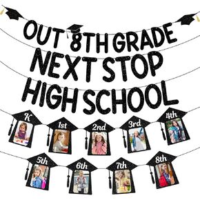Oudain Peace Out Grade 8th Stop Next School School Banner Decorations Class of 2025 Party Supplies K-8th Grade Graduation Banner (Black Glitter)