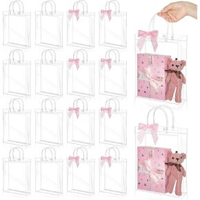 Kolldenn 12 PCS أكياس هدايا بلاستيكية واضحة مع مقابض ، 9.84 '× 7.87''x 2.76' '، حقائب الحفلات القابلة لإعادة الاستخدام مع أقواس الشريط الشفافة الأكياس لفائف الهدايا الكبيرة لحفلات الزفاف أعياد الميلاد استحمام الطفل (الوردي)