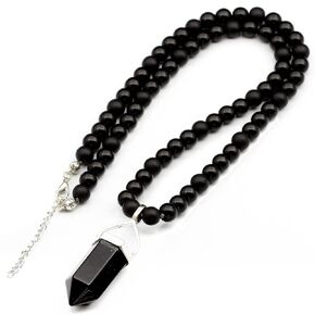 ElisaJewelryArt - Big Pointed Amethyst Pendant Black Onyx Beaded Necklace Genuine Gemstone Clearing Stone Clasp Closure Hematite Necklace Unisex Necklace (22, Amethyst)
