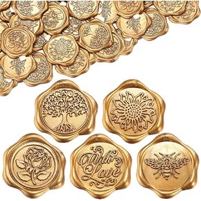 ملصقات ختم الشمع Yoption ، 50 PCS عتيقة الذهب ملصقات شمع لاصقة لدعوة الزفاف ، المغلف ، عيد الميلاد ، غلاف الهدايا (شجرة الحياة ، النحل ، عباد الشمس ، مع الحب ، وردة)