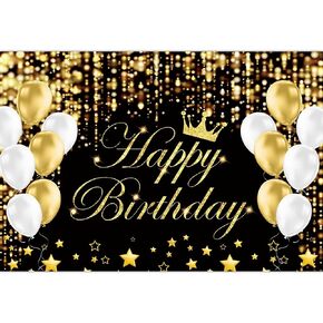 Black and Gold Happy Birthday Backdrop Banner for Women Men Birthday Party Backdrop, Balloons Stars Happy Birthday Sign Party Decorations Supplies (7X5FT, Polyester)