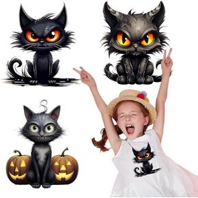 3 Pieces Children Halloween Iron on Transfer Adorable Cute Black Cat Iron on Decals Iron on Transfers for T-Shirts Clothes Craft DIY Decorations Iron on Decals Suitable for Boys and Girls