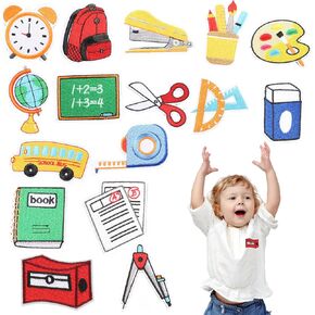 16PCS Back to School Iron on Patches, Colorful School Themed Iron on Patches Decorative Book Globe Backpack Painting Tray Bus School Appliques Sew on Repair Patches for Clothing DIY Crafts