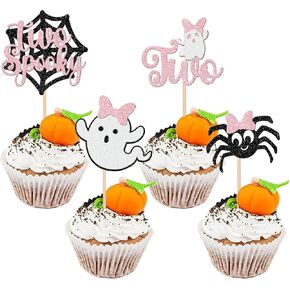 24 PCS Halloween Spooky Two Cupcake Toppers Glitter Spider Little Boo Ghost Girl 2nd Birthday Cupcake Picks for Halloween Theme Baby Shower Kids Girls 2nd Birthday Party Cake Decorations Supplies Pink