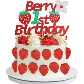 Strawberry Birthday Decorations 25pcs Red Resin Strawberry Cupcake Toppers 1pc Glitter Happy Birthday Cake Topper for Baby Shower Berry Theme Party Favors (Red & Green)