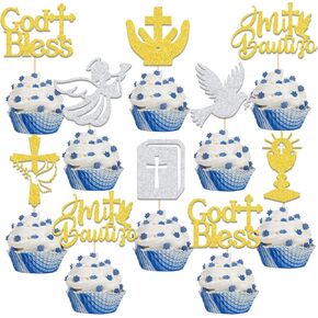 24 Pcs Baptism Cupcake Toppers Mi Bautizo Cupcake Toppers Baptism Cake Decorations Mi Bautizo Decorations for Boys Girls Baptism Party Decor Supplies