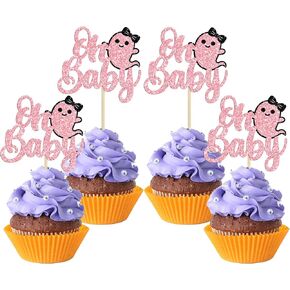 24pcs Ghost Oh Baby Cupcake Toppers Black Glitter Halloween Baby Shower Cupcake Pick Decorations Halloween Cupcake Topcake for Baby Shower Birthday Halloween Party Supplies