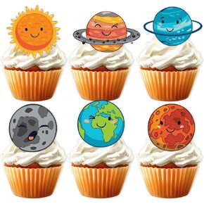 18pcs Glitter Celestial Dessert Cupcake Topper for Solar System Outer Space Universe Theme Decor Supplies Baby Shower Boy Girl Happy Birthday Party Decoration