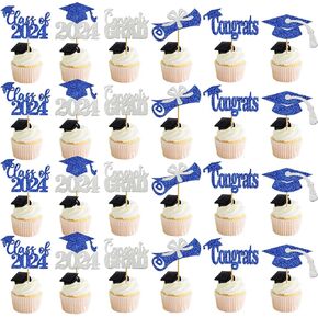 24pcs زرقاء التخرج شريحة الكب كيك العليا 2024 فئة ديكور التخرج من 2024 Cupcake Toppers التخرج 2024 التخرج Cupcake اختيارات التخرج حفلات التخرج حفل التخرج 2024