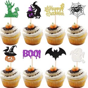 24 PCS Halloween Theme Cupcake Toppers Spooky Boo Ghost Witch Spider Bat Cupcake Picks Pumpkin Rip Zombie halloween Cake Decorations for Halloween Theme Birthday Party Cake Decorations Supplies