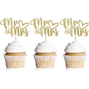 Hidori 24pcs Mr and Mrs Cupcake Topers for Wedding Party ، Glitter Sparkly Wridal Devels ، اختيارات طعام المشاركة ، البطاقات بالليزر (W-A5) (الذهب)