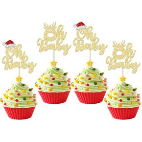 24pcs عيد الميلاد يا رضيع كب كيك أعلى قبعات الذهب بريق عيد الميلاد سانتا قبعة الغزلان الطفل كب كيك يختار استحمام الطفل