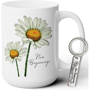هدايا مربع بدايات جديدة للنساء - Daisy White Coffee Mug 15oz و Keychain ، هدايا لوظيفة جديدة ، منزل ، تارك ، وداعًا ، حظًا سعيدًا ، الذهاب بعيدًا ، وداعًا ، زميل في العمل ، الطلاق