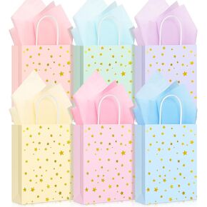24 Pack Star Party Party Favor Bags حقائب الهدايا مع مقبض الورق الملون Star Goodie Bag Kraft Goadies Bag Bag مع الأنسجة لعيد ميلاد حفل زفاف الطفل اللوازم