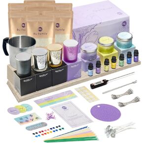 RU RU Handle Candle Make Kit للبالغين المبتدئين مع الجرار الزجاجية ذات 4 × 7 أوقية محفورة و 3 علب ، مجموعة شموع ، 7 روائح لطيفة ، مستلزمات DIY كاملة مع شمع الصويا ، صبغة اللون ، الفتيل ، مثالية للحرف المنزلية