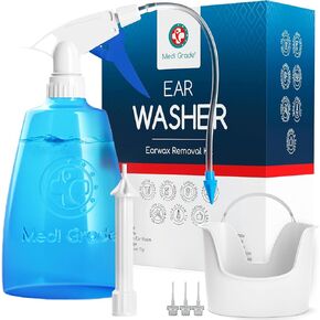 Medi Grade Earwax Removal Kit, 10 oz Bottle - Ear Cleaner Ear Wax Remover with 2X Spray Nozzles. Clean Ears & Control Cerumen Naturally with Our Reusable Ear Cleaning Kit & Home Ear Wax Removal Tool