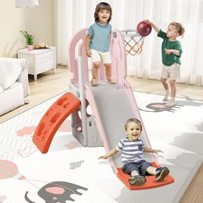 BIERUM 5 in 1 Toddler Slide, Swing and Slide for Toddlers Age 1-3 with Basketball Hoop and Basketball, Slide for Kids, Indoor Outdoor Backyard Toddler Playground Climbing Theme Baby Slide Toys