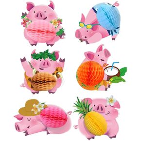 TAOBARY 6 PCS LUAU PIG CONTRINE Party Decoration Summer Hawaiian LUAU CENTPIECE TROPICAL PIG DRIVITIONS PINK PIG TOPPORS PIG Honeycomb for Photo Props Supplies