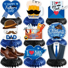 Fathers Day Decorations, 9 Pack Double Sided Printing Honeycomb Centerpiece, Table Centerpieces for Fathers Day and Birthday Party Decor, Happy Fathers Day Party Supplies, Photo Backdrop