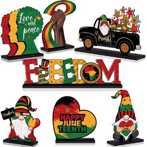 7 PCS Junetest Day Decorations Wooden Happy Junete11 Centerpices Freedom Day Table Signs Wood 1865 Black American Independence Tablers Toppers for Home Desktop Decor (مع قاعدة)
