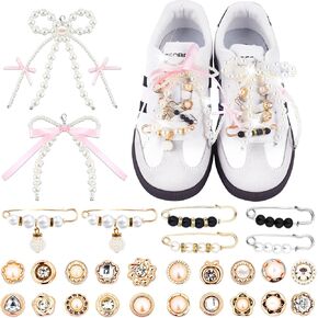 48Pcs Charms for Socks Shoes Pearl Safety Pins Shoe Charms for Sneakers Rhinestone Brooch Button Jewelry Junk Sock Charms Bulk Kit Pearl Bow Shoe Lace Charms Silver Pins Bling Brooch Sock Accessories