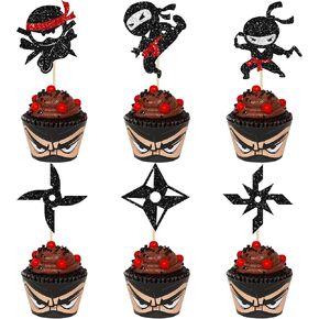 Ephlyn 24Pcs Ninja Cupcake Toppers Glitter Martial Arts Karate Kung Fu Warriors Cupcake Pick Decorations for Ninja Theme Baby Shower Kids Samurai Birthday Party Cake Decorations Supplies