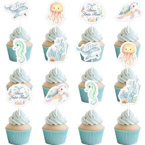 24pcs تحت قبعات كب كيك عيد ميلاد Sea الخامسة ، تغوص حيوانات المحيط في خمسة كب كيك تختار ديكورات عيد الميلاد الخامسة ، وتوفيات ديكور الحفلات ذات يوم 5 سنوات