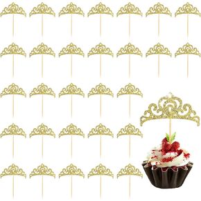 24 PCS Crown Cupcake Toppers ، Gold Glitter Princess Cupcake تختار لوازم الزخارف لحفل الزفاف كعكة حفلة عيد ميلاد