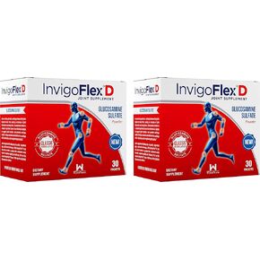 INVIGOFLEX® D - 1500 مجم من مسحوق كبريتات الجلوكوزامين (تركيبة كلاسيكية) - مكمل ممتاز للمفاصل للركبتين واليدين والظهر وحزم دعم الورك - 30 عبوة