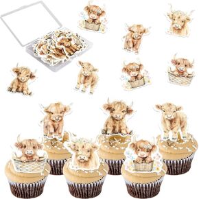 Rsstarxi 30 Pack Oh Baby Highland Cow Cupcake Toppers Highland Cow Baby Shower Decorations Cupcake Picks for Cow Baby Shower Birthday Party Cake Decorations Gold