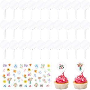 30 Pieces Acrylic Blank Cupcake Toppers, 2 Inch Round Cupcake Topper Clear DIY Cupcake Toppers Sticks with Stickers for Birthday Party Wedding Baby Shower Cake Decoration