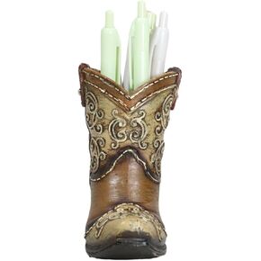Ebros Gift Rustic Western Cowboy Cowgirl Boot in Brown Faux Tooled Tooling With Wrantwork Disperative Pen Pen Pency Make Up Organizer حامل أو كتمثال لهجة