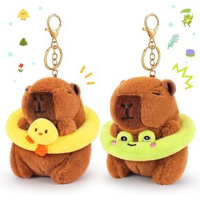 achwishap 2pcs capybara plush keykain ، keychain capybara capybara محشو بالحيوان ، ناعم capybara plush toys سلسلة مفاتيح ، Kawaii plushie ألعاب محشوة للأطفال البالغين عيد ميلاد (سلحفاة ، قبعة الفراولة)