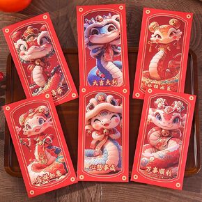 الأظرف الحمراء للعام الصيني الجديد من Snake 2025-6pcs مانح أموال محظوظ هونغبو من أنماط الأفعى اللطيفة مع تمنيات طيبة للصينية للاحتفال بمهرجان الربيع ومهرجان الفانوس