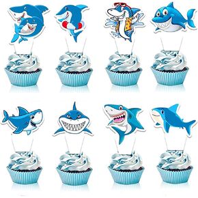 24 PCS Shark Cupcake Toppers Ocean Ocean موضوع الديكور بين الجنسين تكشف عن اختيارات الكب كيك للأولاد أو الفتيات استحمام الطفل Shark Mission التخرج حفلات التخرج الإمداد （Blue）