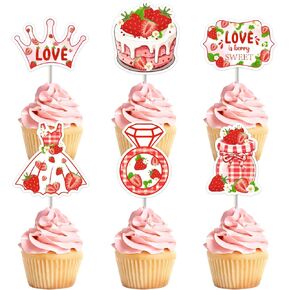 24pcs زخارف الفراولة موضوع الزخارف الحب هو التوت الحلو كب كيك أعلى القبعات الحمراء الفراولة كب كيك يختار الفاكهة التوت التاج ديكور كب كيك للنساء لحفلات عيد ميلاد البكالوريوس