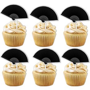18pcs Black Glitter Folding Fan Dessert Cupcake Topper Retro Elegance Traditional Wedding Theme Decor Supplies Girls Woman Happy Birthday Party Decorations