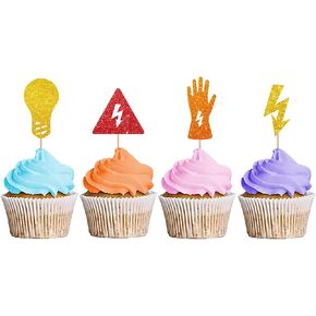 24pcs قبعات كب كيك كهربائي ، قبعات كب كيك المصباح الكهربائي ، أدوات كهربائية ، تختار كب كيك لطفلي ، عيد ميلاد Lineman/كهربائي ، زخرفة الحفلات - Red & Gold Glitter