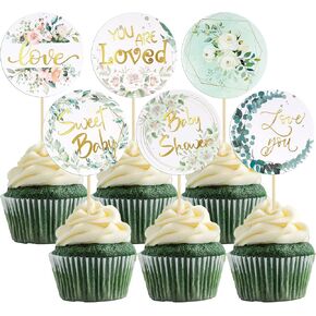 Gyufise 36Pcs Baby Shower Cupcake Toppers Baby Cupcake Toppers Gold Woodland Jungle Safari Theme Cupcakes Decor Gender Reveal Cake Topper Boy Girl Birthday Party Green Leaf Cake Decorations in Saudi Arabia