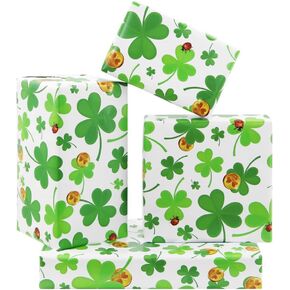 Green Clover Wrapping Paper With Gold Coin Ladybug On White Paper, 4 Sheets Gift Wrap Paper Folded Flat 20x28 Inches Per Sheet for St. Patrick's Day, Wedding, Birthday, Bridal Showers