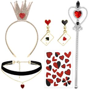 4 Pcs Queen Costume Accessories Valentine's Day Heart Party Accessories Gold Crown Headband Heart Rhinestone Scepter Wand Red Heart Dangle Earrings Heart Necklace