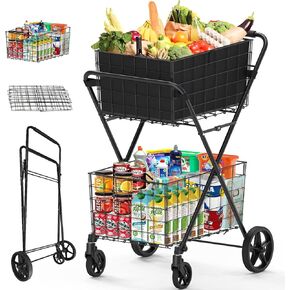 Heavy Duty Folding Shopping Cart for Groceries, Jumbo Grocery Carts with 360° Swivel Wheels, Waterproof Bag, Portable Utility Trolley for Daily, Laundry, Holds Up to 320 LBS
